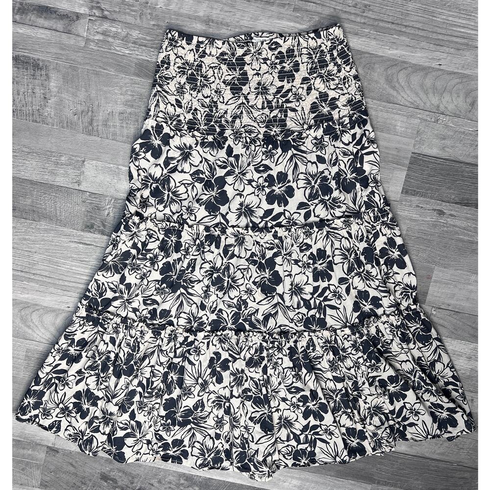 American Eagle Boho Floral Smocked Tiered Maxi Skirt Women M Black Cream - Picture 2 of 7